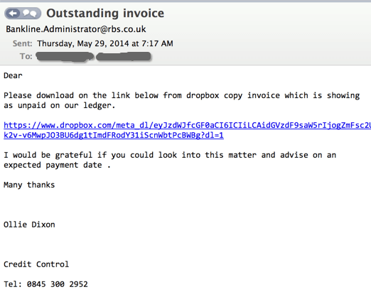 Example of a phishing email using a malicious link. 