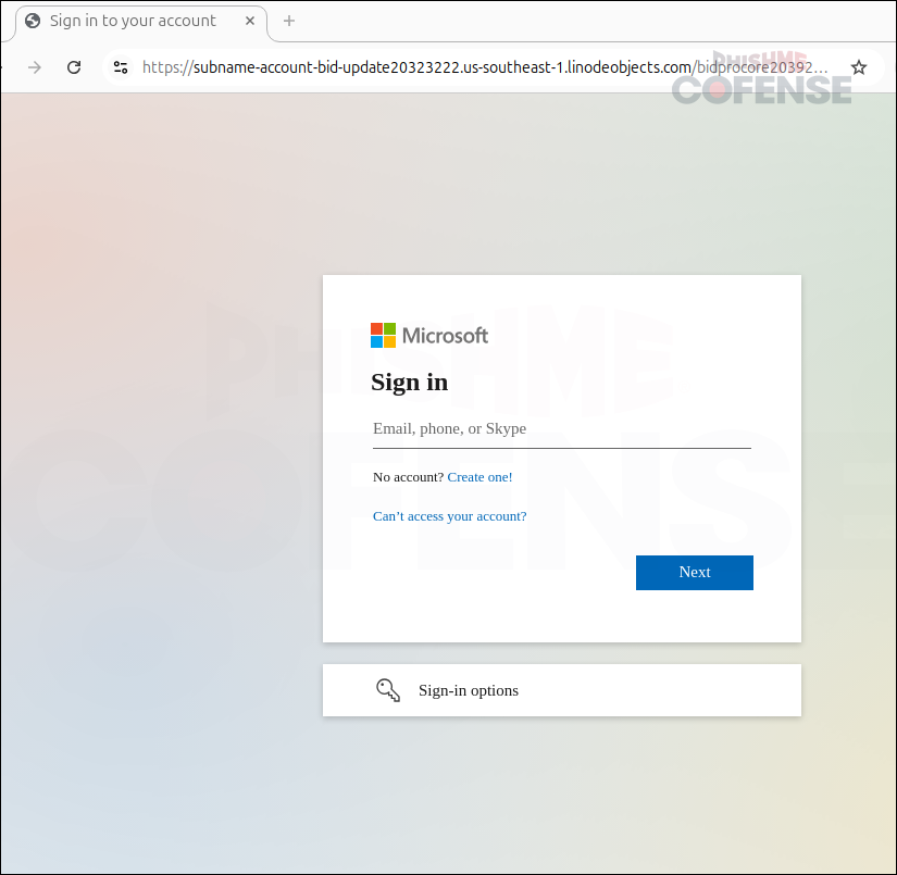 A fake Microsoft credential phishing page rendered without a redirect.