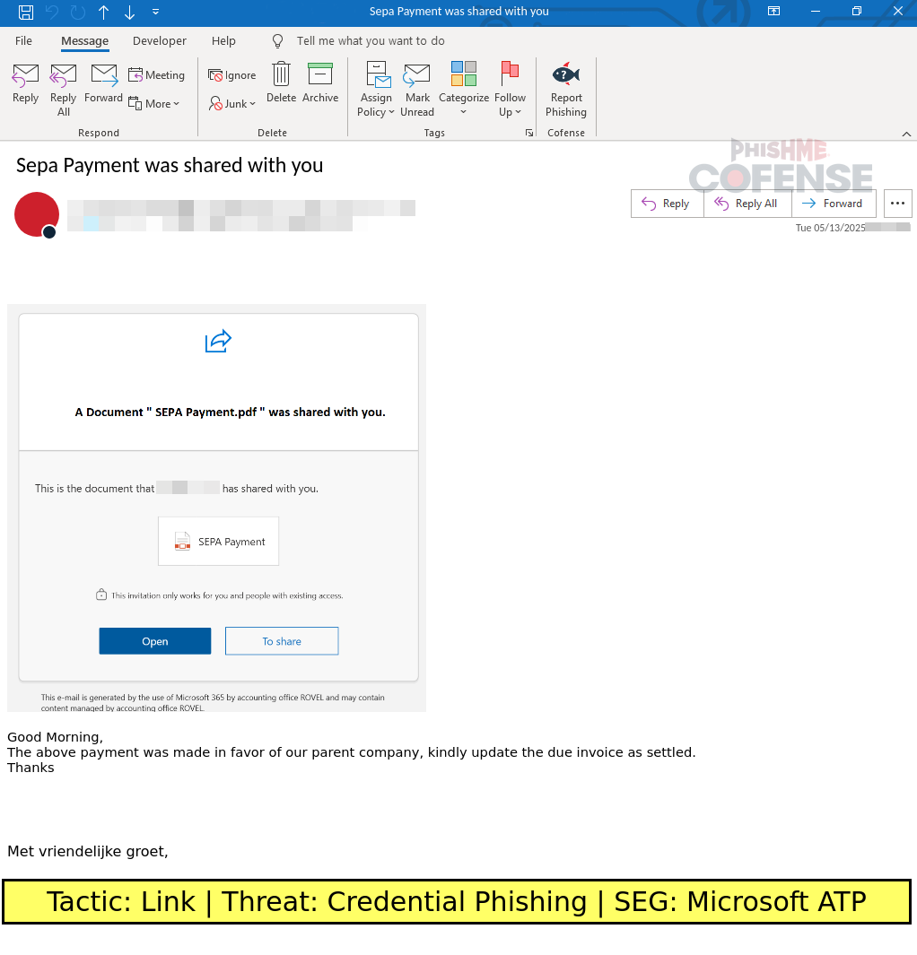 Phishing email using Microsoft OneDrive/SharePoint Online to deliver the malicious URL.