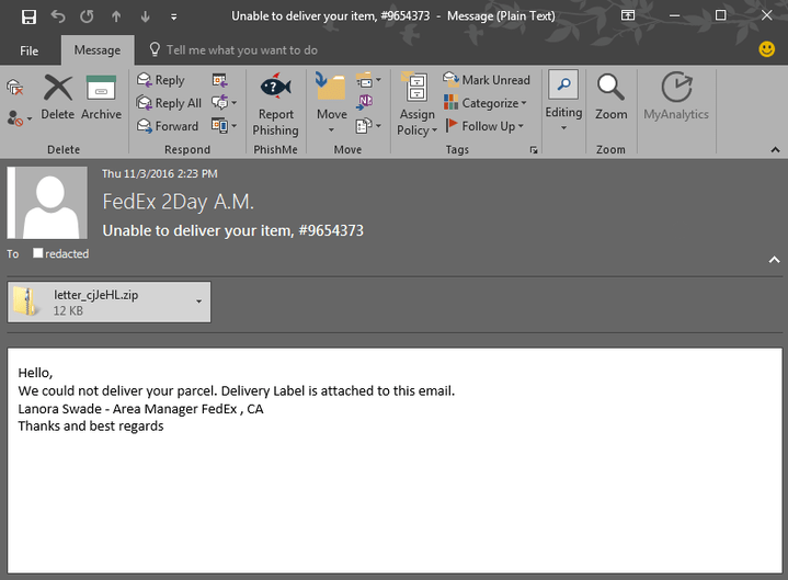 FedEx phishing email delivering Locky and Poweliks