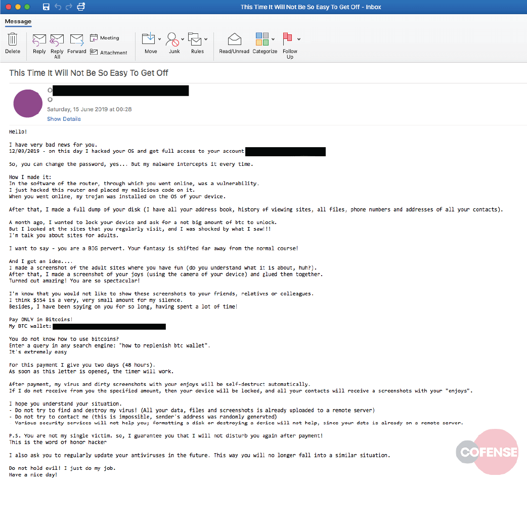 Screenshot of a sextortion email message threatening to release compromising photos