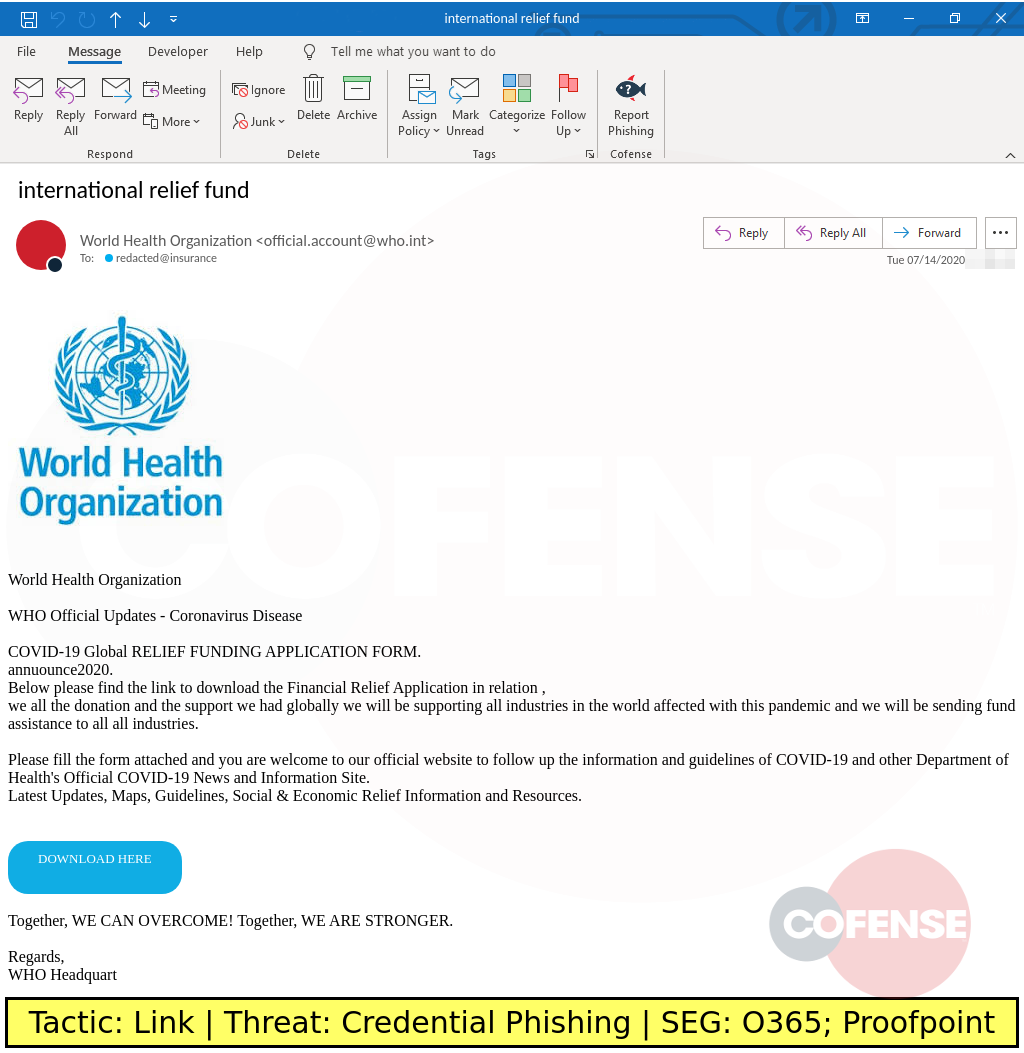 phishing example spoofs world health organization to deliver credential theft link