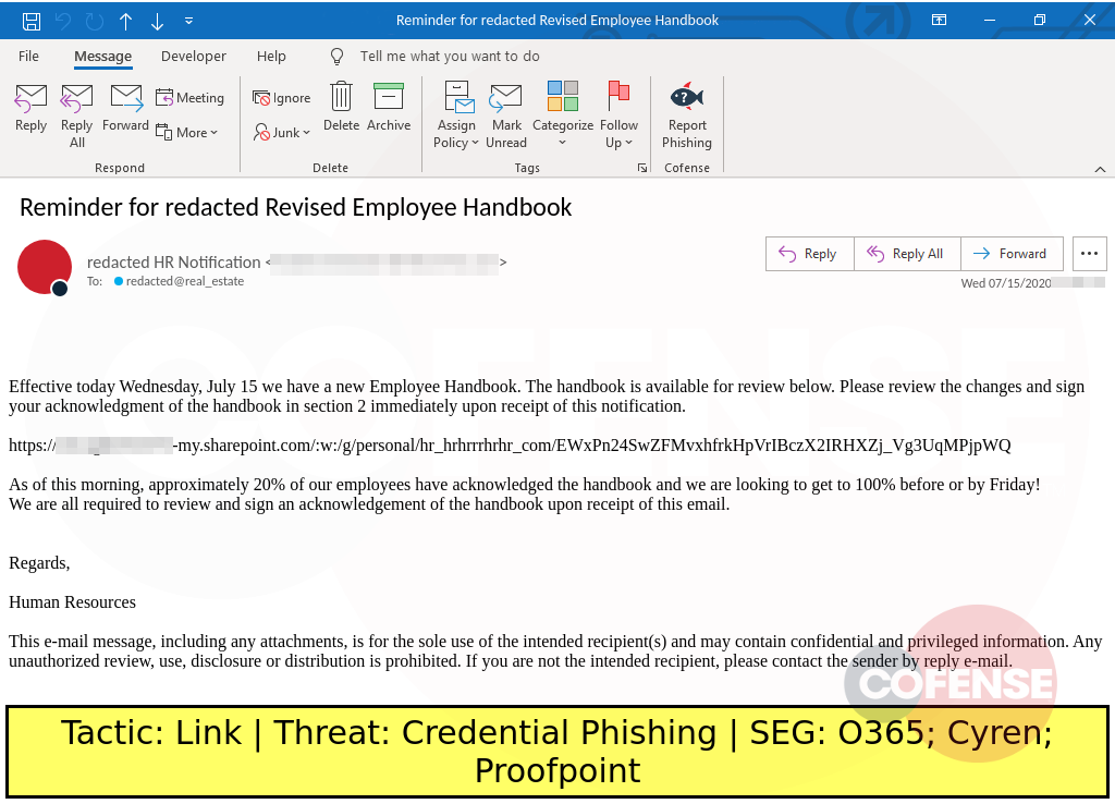phish example spoofs HR to deliver credential theft via embedded link to sharepoint