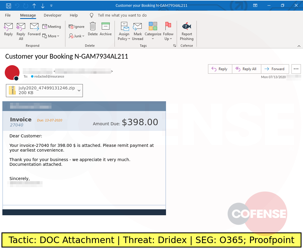 phishing sample delivers dridex malware via zipped attached word document