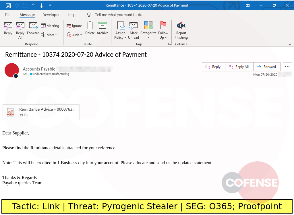 phishing sample poses as an invoice but links to the pyrogenic stealer malware