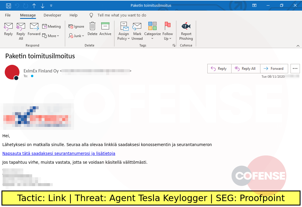 sample phising in the finnish language uses an embedded url to deliver agent tesla