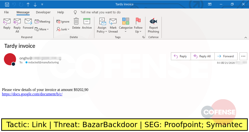 phishing example uses an invoice theme to deliver a link to the bazarbackdoor malware