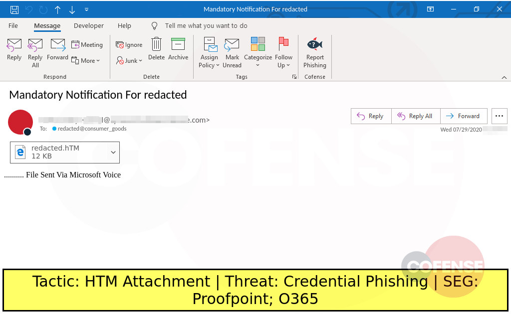 phishing example spoofs a voicemail delivers htm attachment to perform credential theft