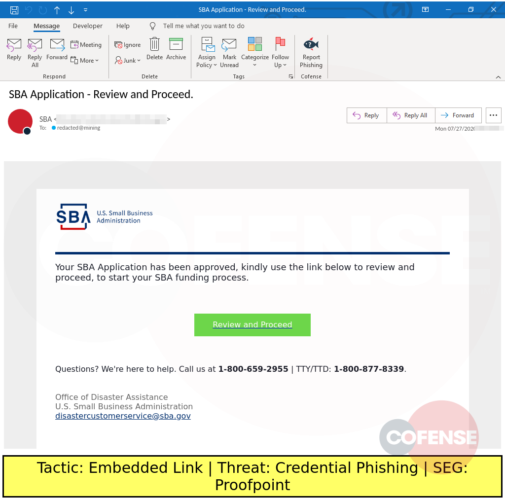 phishing example spoofs small business administration sba with coronavirus theme to perform credential theft
