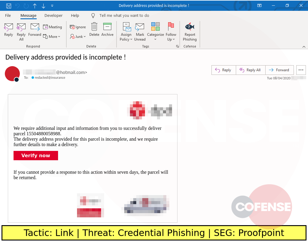 phishing example uses a delivery spoof with a link to credential theft page