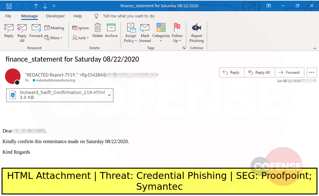 phishing example uses a finance theme to perform credential theft using a .html attachment