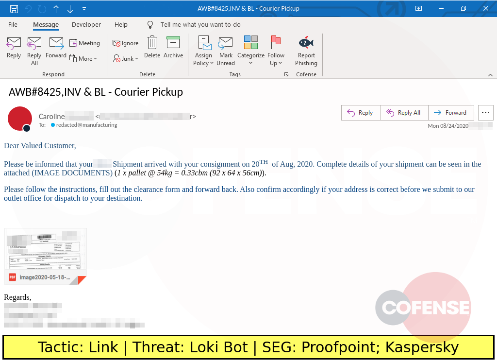 phishing example uses a shipment theme to deliver loki bot with a linked image