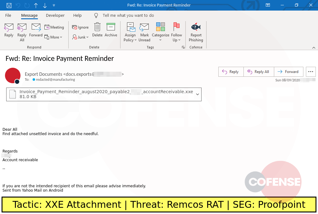 sample phish delivers a .xxe attachment that uses guloader to install the remcos remote access trojan