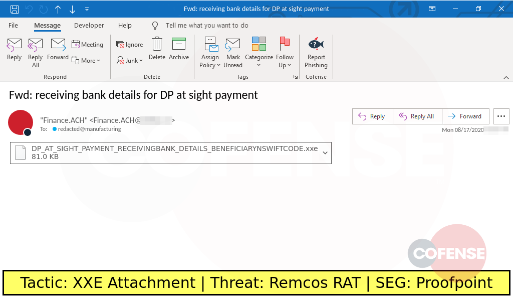 sample phish uses a banking theme to deliver the remcos rat with a .xxe attachment