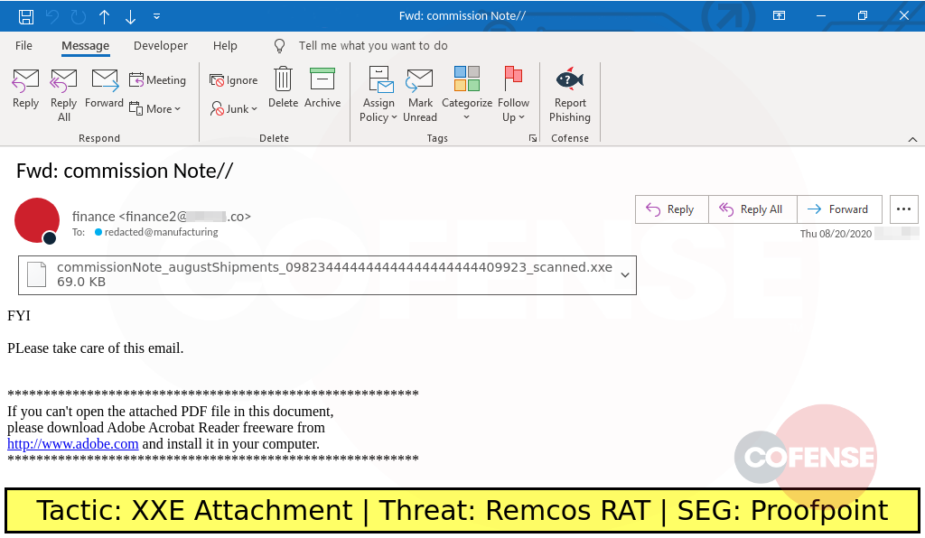 sample phish uses a shipping theme to deliver a .xxe attachment to install remcos rat
