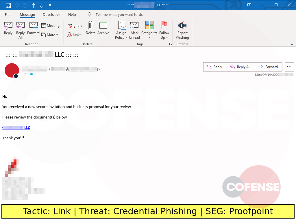 sample phish uses a proposal theme to deliver links to a credential harvesting site