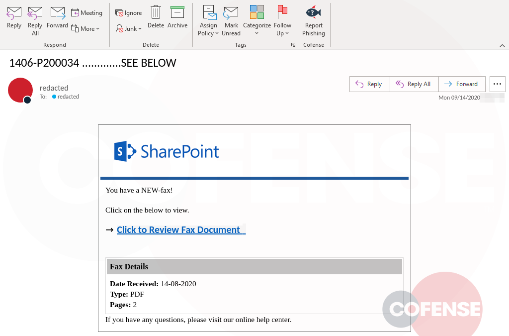 sample phish spoofs sharepoint with a fax notification that will lead to a credential harvesting site