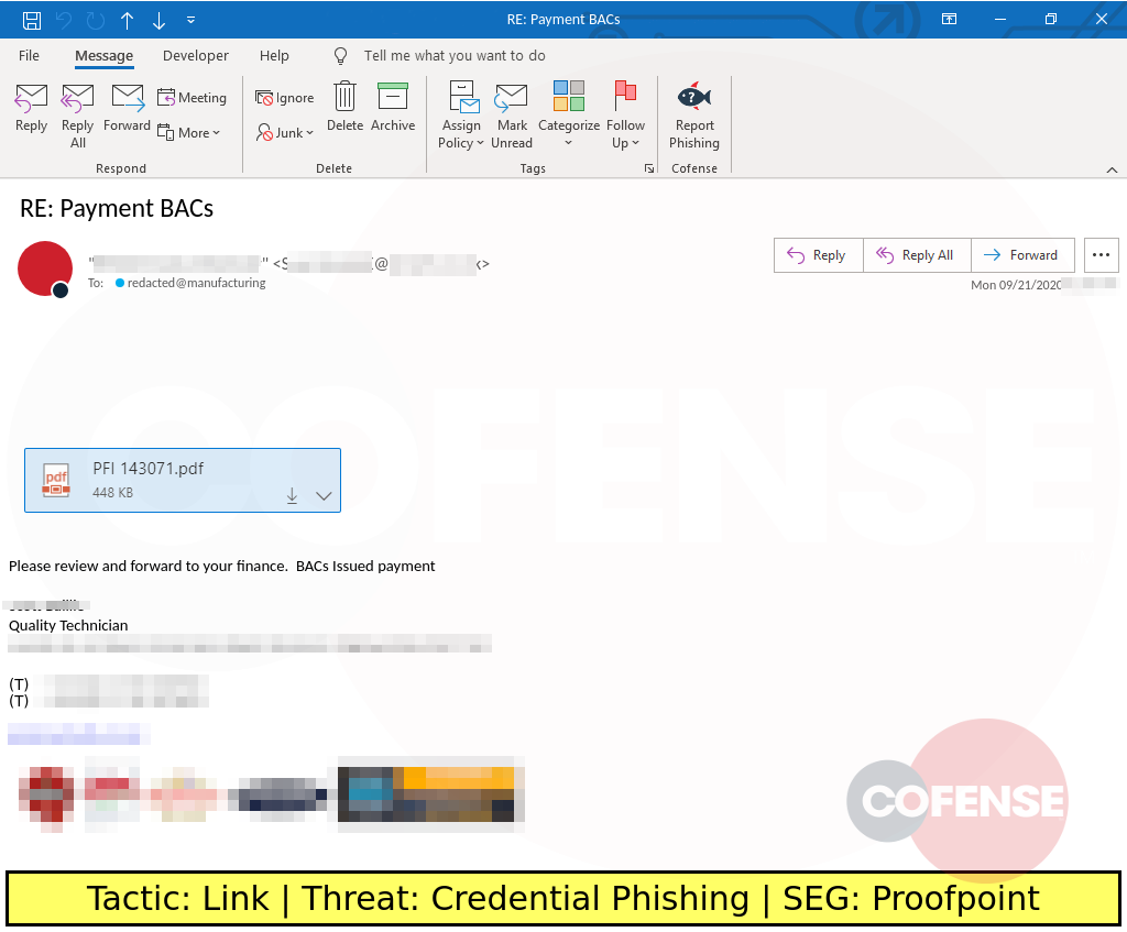 sample phish uses a payment theme to deliver a link to credential theft