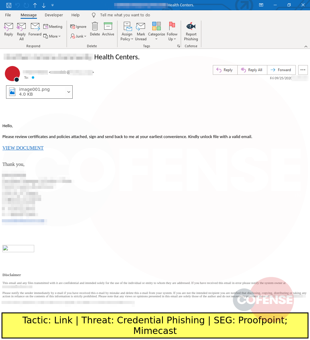 sample phish delivers credential phishing link using a document theme