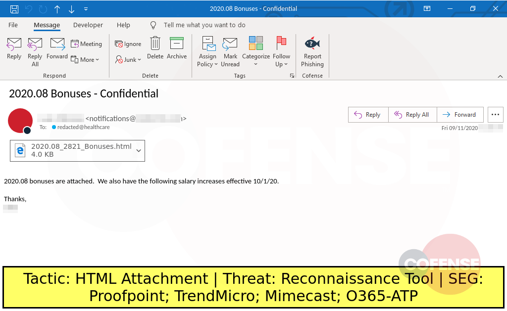 example phish with a bonus theme uses a .html attachment to install a reconnaissance tool