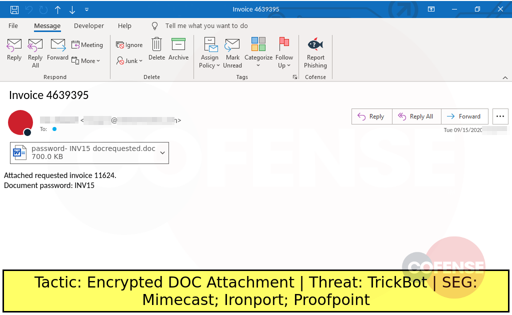 sample phish uses an invoice theme to deliver an encrypted doc attachment that will install trickbot