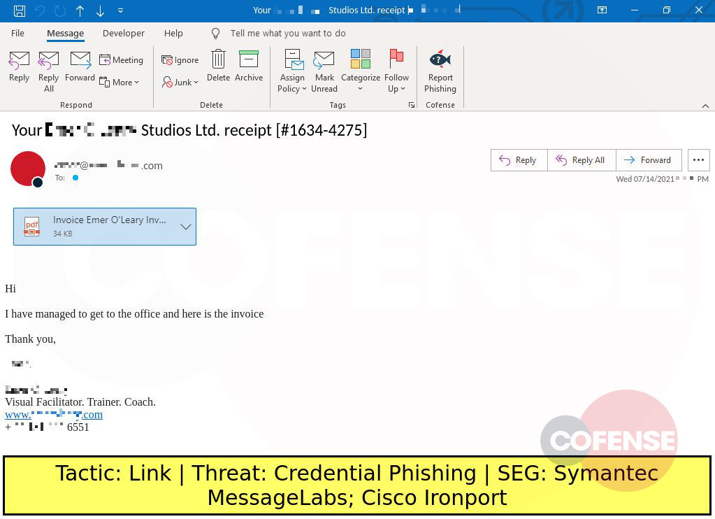 Real Phishing Example: Finance-themed emails found in environments protected by Cisco Ironport, and Symantec MessageLabs deliver Credential Phishing via an embedded link.