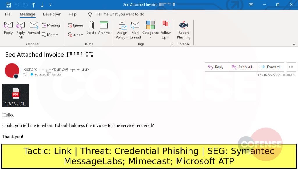 Real Phishing Example: Finance-themed emails found in environments protected by Microsoft ATP, Symantec MessageLabs, and Mimecast deliver credential phishing via a link embedded in an attached image file.