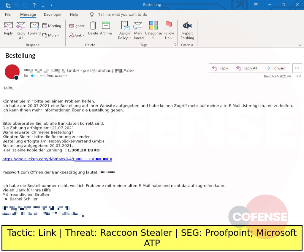 Real Phishing Example: Finance-themed emails found in environments protected by Proofpoint and Microsoft STP deliver Raccoon Stealer via an embedded link. The link would then download a password protected .rar archive.