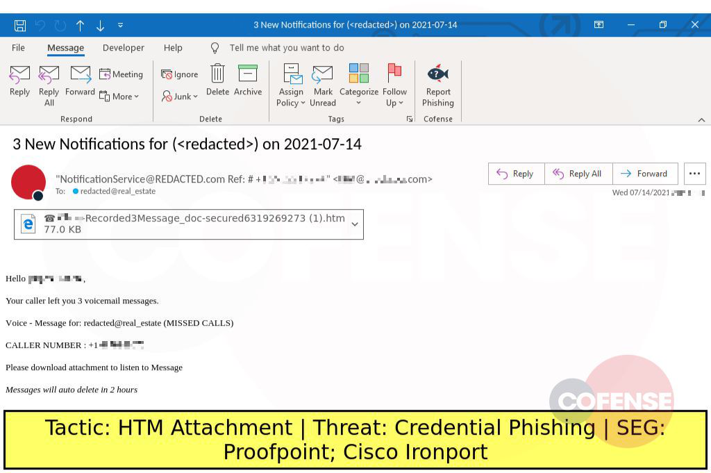 Real Phishing Example: Notification-themed emails found in environments protected by Proofpoint and Cisco Ironport delivers Credential Phishing via an attached HTM file.
