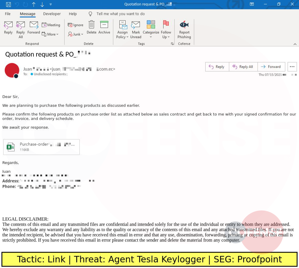Real Phishing Example: Quotation-themed emails found in environments protected by Proofpoint delivers an LZH archive via an embedded link. The archive contains both an Agent Tesla keylogger and FormGrabber executable.