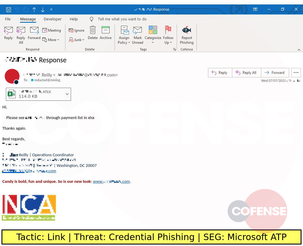 Real Phishing Example: Notification-themed emails found in environments protected by Microsoft ATP deliver credential phishing via an embedded URL inside an attached XLSX file.