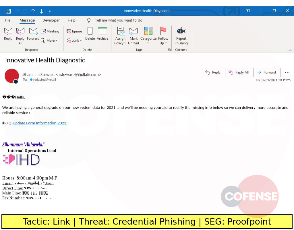 Real Phishing Example: Innovative Health Diagnostic-spoofing emails found in environments protected by Proofpoint deliver credential phishing via an embedded link.