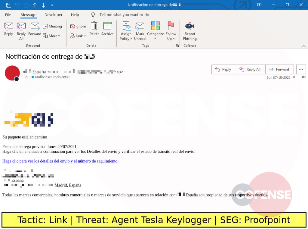 Real Phishing Example: Notification-themed emails found in environment protected by Proofpoint deliver Agent Tesla keylogger via an embedded link.