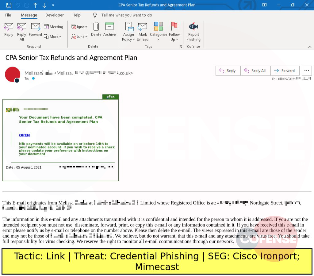 Real Phishing Example: eFax-spoofing emails found in environments protected by Ironport and Mimecast deliver Credential Phishing via an embedded link.