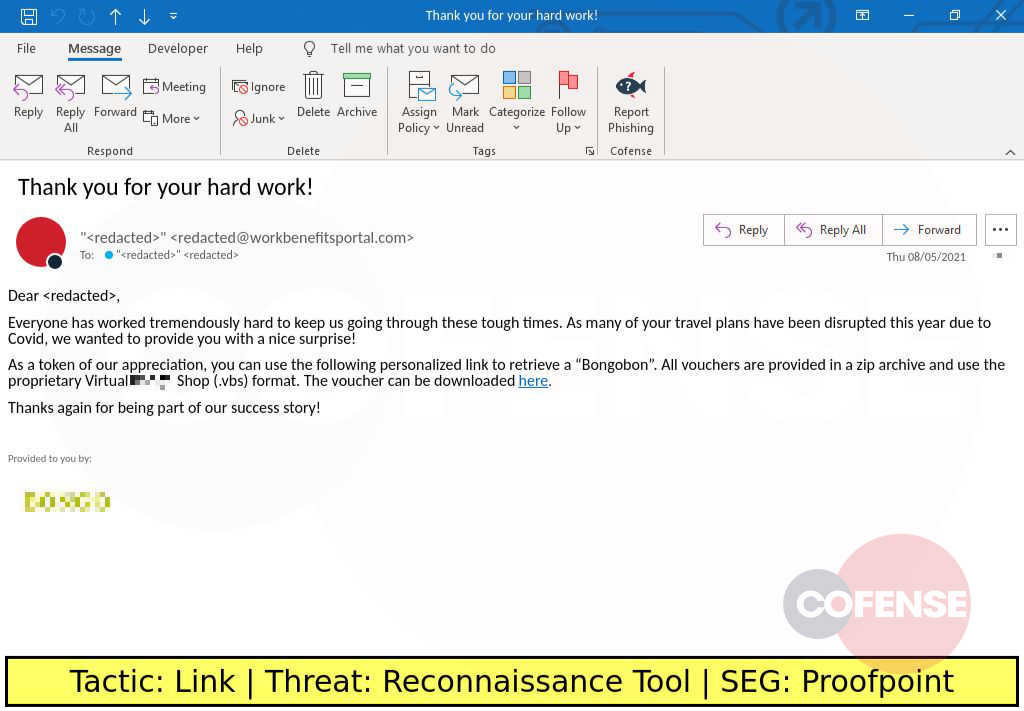 Real Phishing Example: Bongo-spoofing emails found in environments protected by Proofpoint deliver a VBS reconnaissance tool via an embedded link.