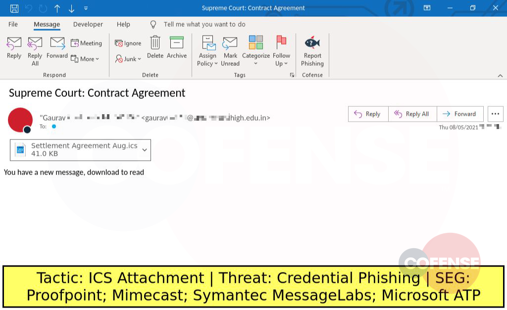 Real Phishing Example: Supreme Court-themed emails found in environments protected by Proofpoint, Mimecast, Symantec MessageLabs, and Microsoft ATP deliver credential phishing via a link embedded in an attached calendar file.