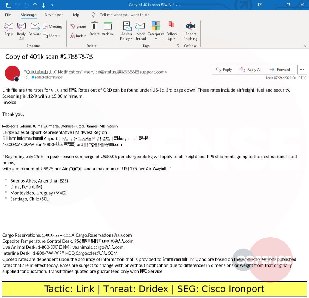 Real Phishing Example: Finance-themed emails deliver Office macro laden spreadsheets via embedded URLs found in Cisco Ironport protected environments. The spreadsheets drop WSC files which download Dridex.