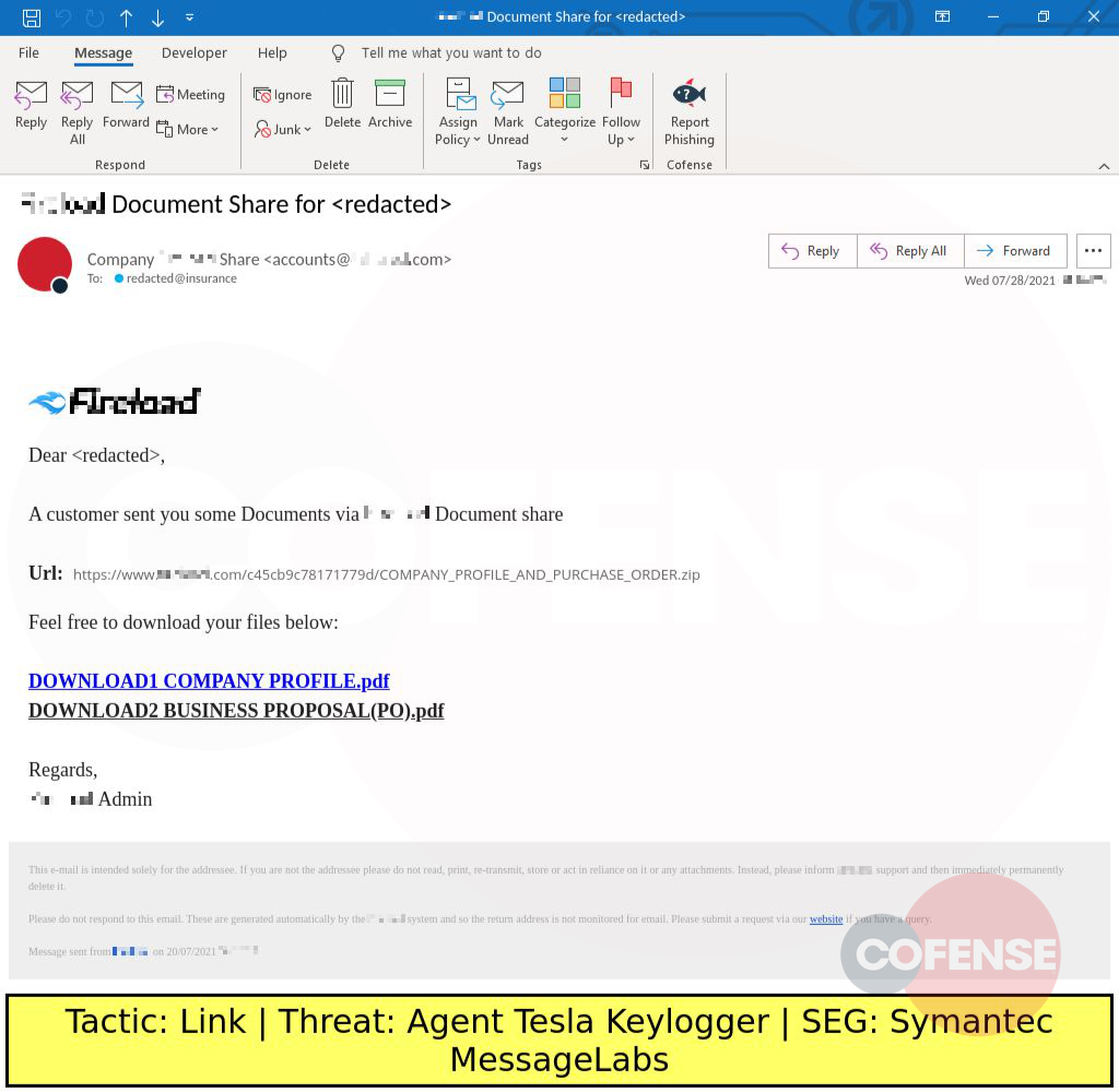 Real Phishing Example: Fireload-spoofing emails found in environments protected by Symantec MessageLabs deliver Agent Tesla Keylogger via an embedded URL.
