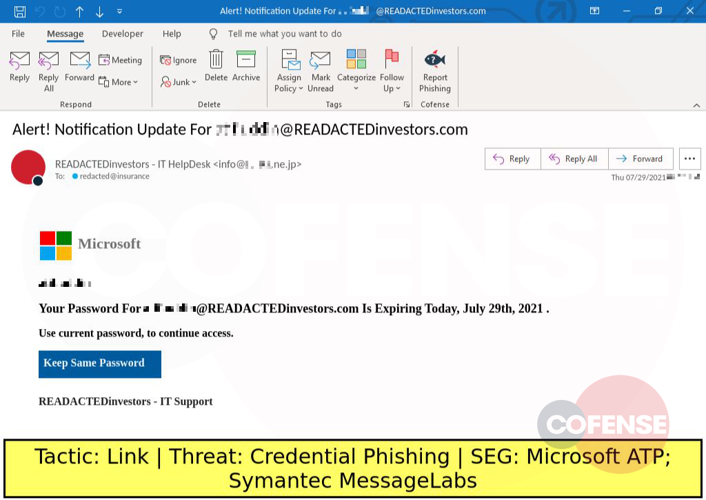 Real Phishing Example: Microsoft-spoofing emails found in environments protected by Microsoft ATP and Symantec MessageLabs deliver credential phishing via an embedded URL.
