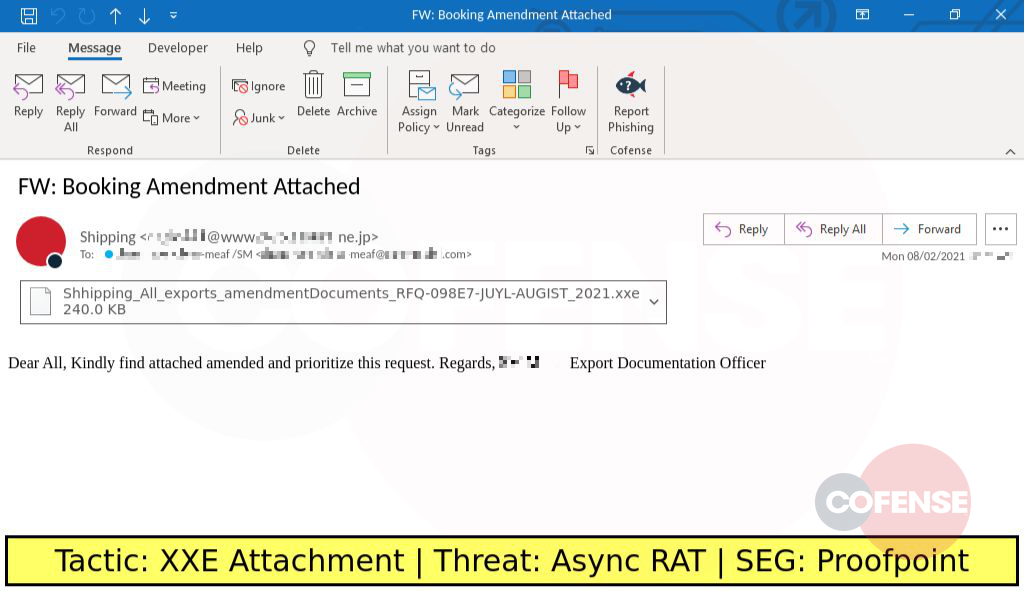 Real Phishing Example: Finance-themed emails found in environments protected by Proofpoint deliver Async RAT via an attached XXE file.