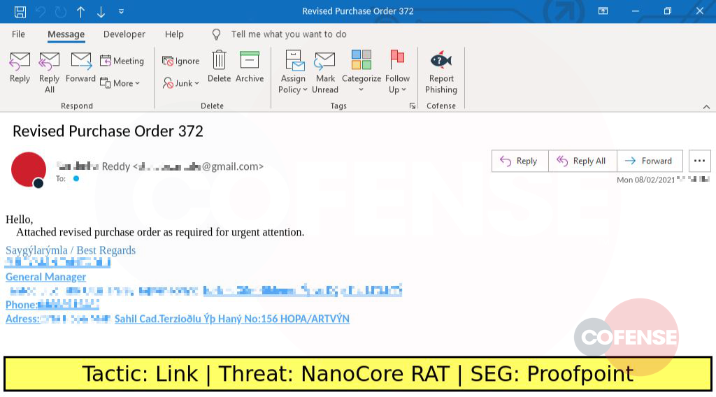 Real Phishing Example: Finance-themed emails found in environments protected by Proofpoint deliver NanoCore RAT via an embedded URL.