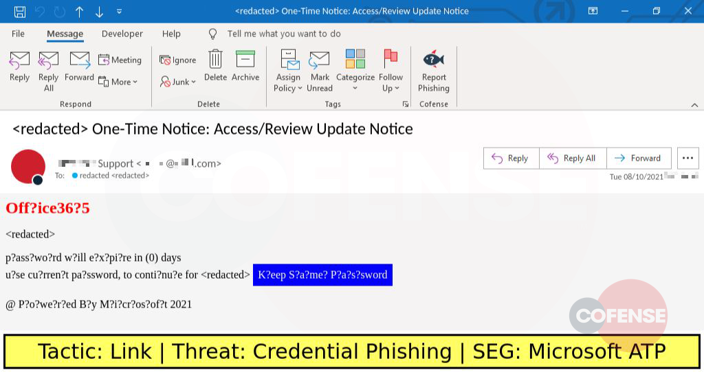 Real Phishing Example: Notification-themed emails found in environments protected by Microsoft ATP deliver Credential Phishing via an embedded link.