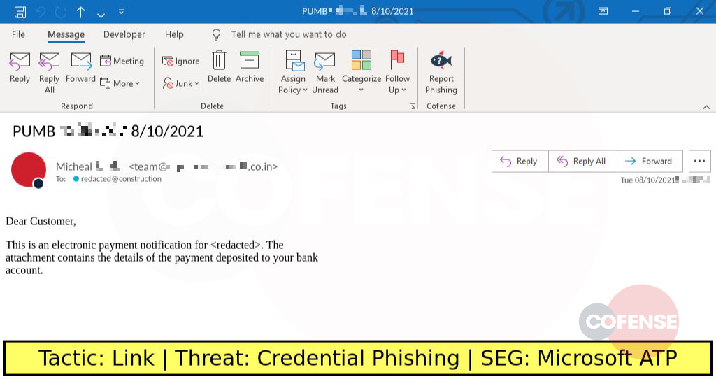 Real Phishing Example: Finance-themed emails found in environments protected by Microsoft ATP deliver credential phishing via an embedded URL.