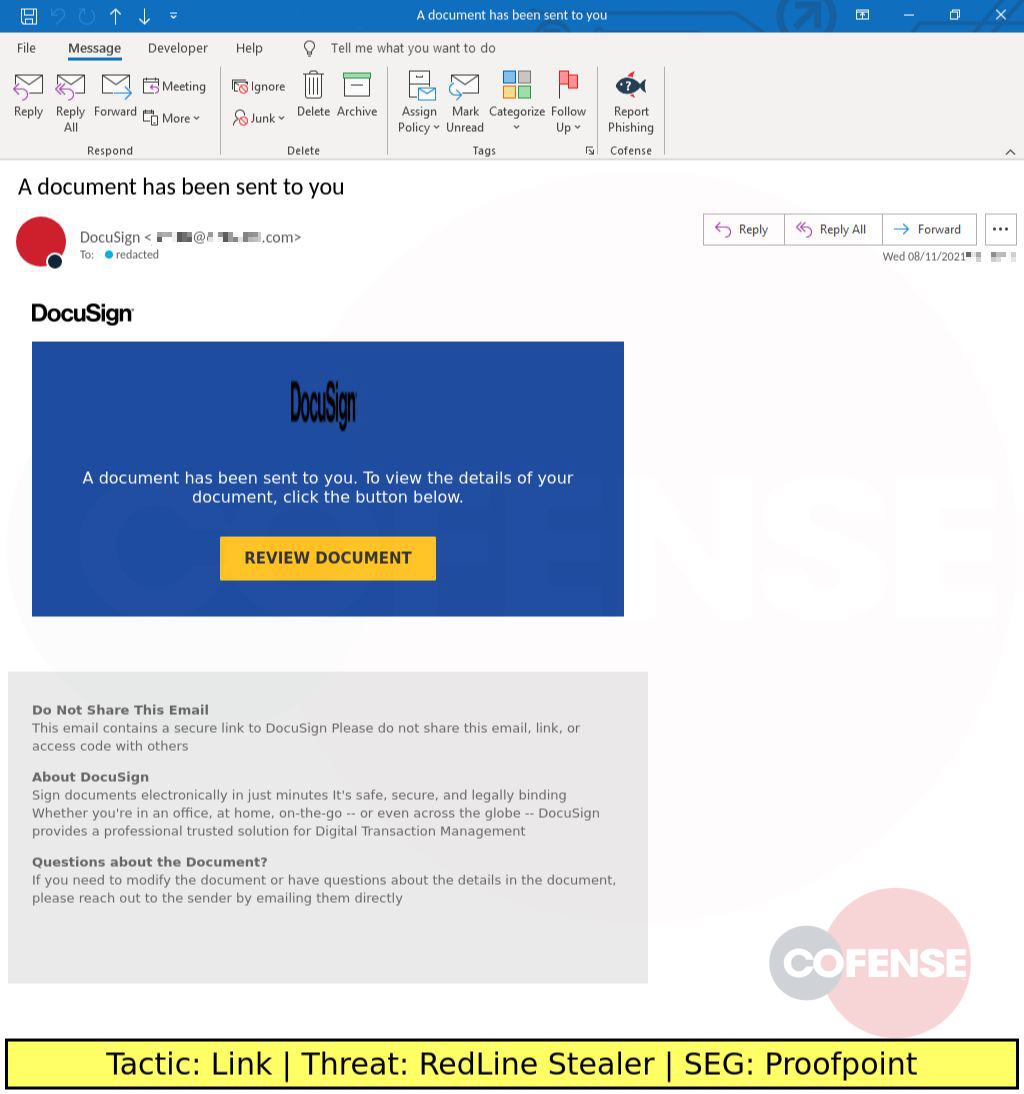 Real Phishing Example: DocuSign-spoofing emails found in environments protected by Proofpoint deliver RedLine Stealer via an embedded URL.