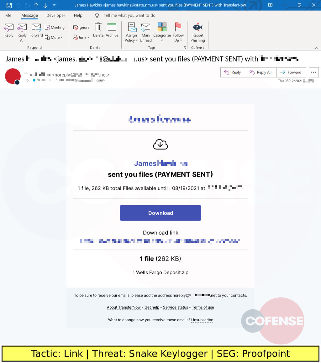 Real Phishing Example: TransferNow-spoofing emails found in environments protected by Proofpoint deliver Snake Keylogger via an embedded URL.