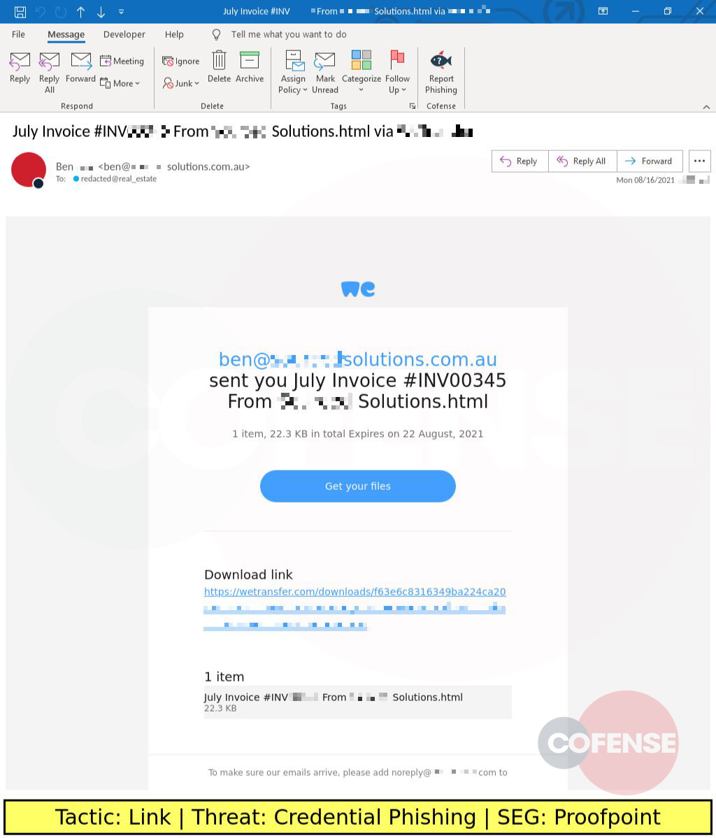 Real Phishing Example: WeTransfer-spoofing emails found in environments protected by Proofpoint deliver an HTML file via an embedded link. The HTML file contains embedded credential phishing content.