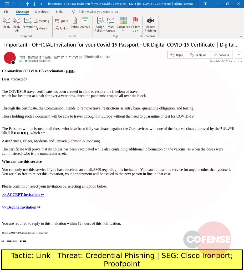 Real Phishing Example: Coronavirus-themed emails found in environments protected by Proofpoint and Cisco Ironport deliver Credential Phishing via an embedded link.