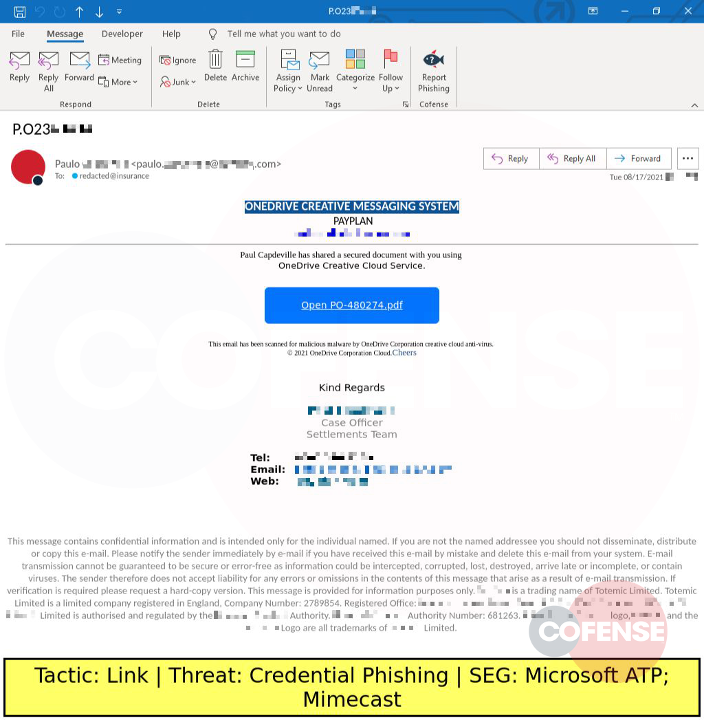 Real Phishing Example: Microsoft-spoofing emails found in environments protected by Microsoft ATP and Mimecast deliver credential phishing via an embedded link.