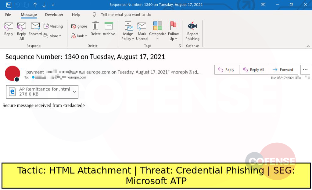Real Phishing Example: Message-themed emails found in environments protected by Microsoft ATP deliver HTML files with embedded credential phishing content.