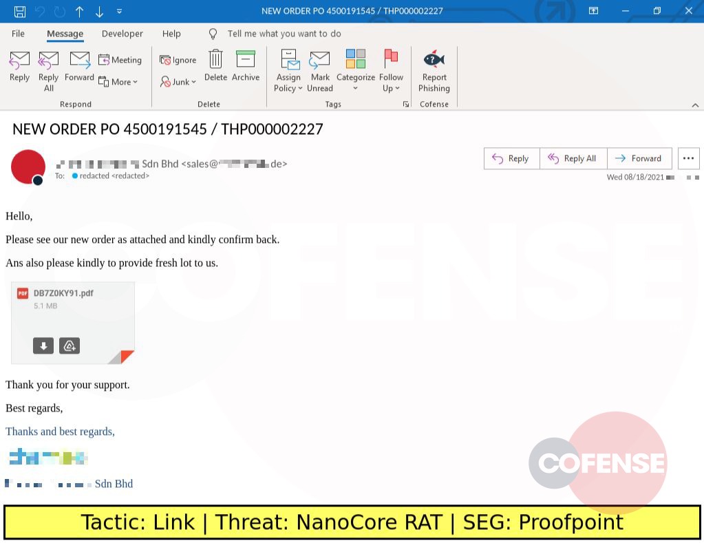 Real Phishing Example: Chemsol-spoofing emails found in environments protected by Proofpoint deliver GuLoader via an embedded URL. GuLoader downloads NanoCore RAT and runs it in memory.